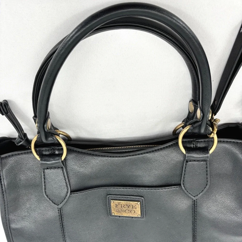 Frye and Co Black Faux Leather Satchel Crossbody Bag Antique Brass Hardware